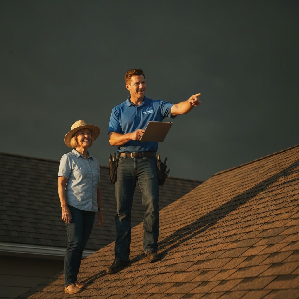 Contractor on rooftop with homeowner reviewing appointment on tablet